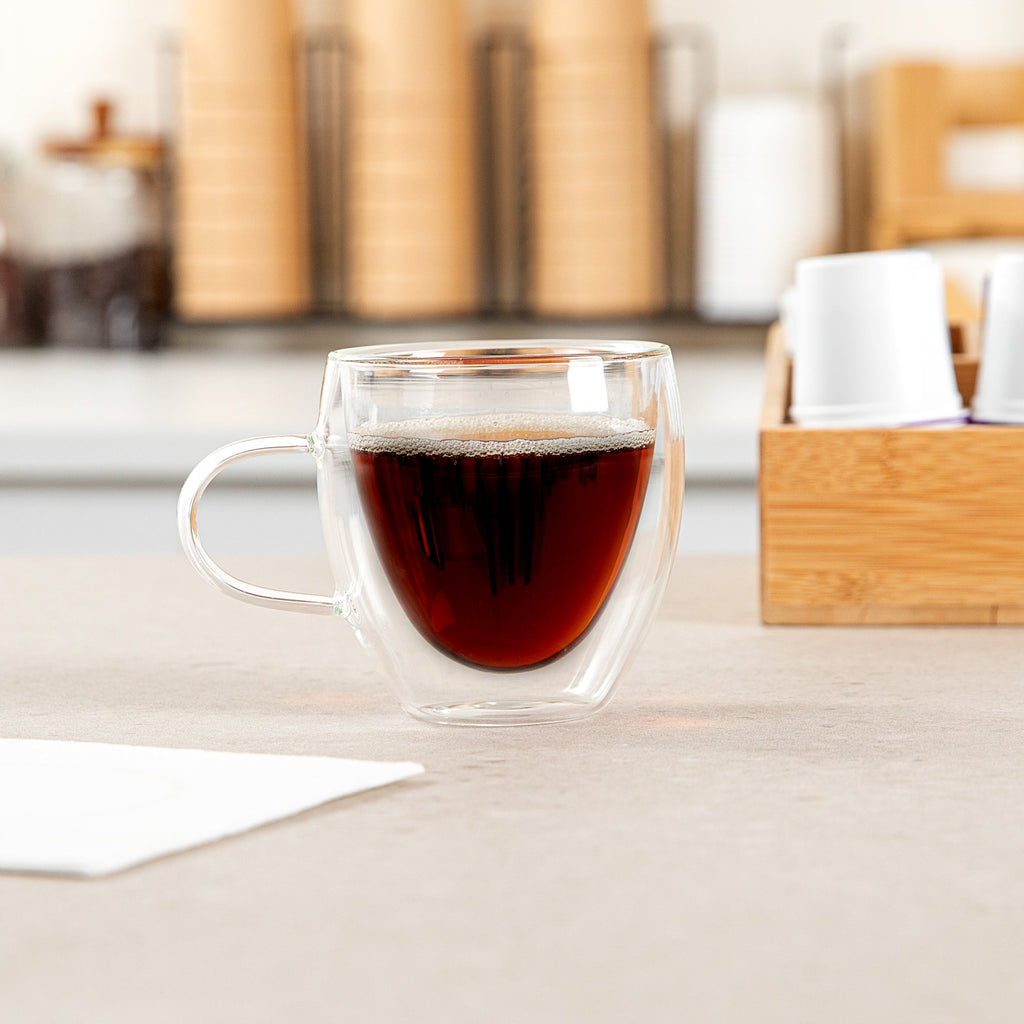 Forma Professional 5 oz Glass Coffee Cup - Double Wall, Borosilicate, with Handle - 2 1/2'' x 2 1/2'' x 3 1/4'' - 12 count box
