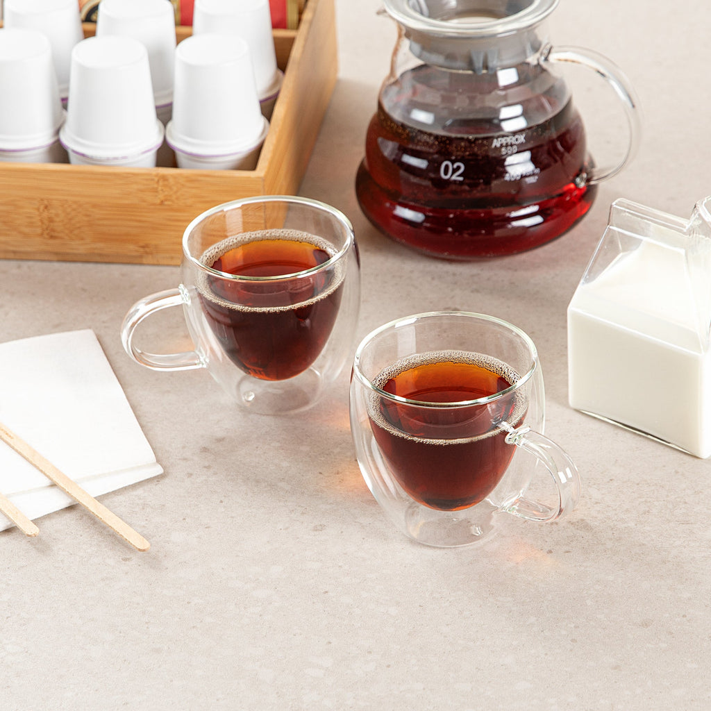 Forma Professional 5 oz Glass Coffee Cup - Double Wall, Borosilicate, with Handle - 2 1/2'' x 2 1/2'' x 3 1/4'' - 12 count box