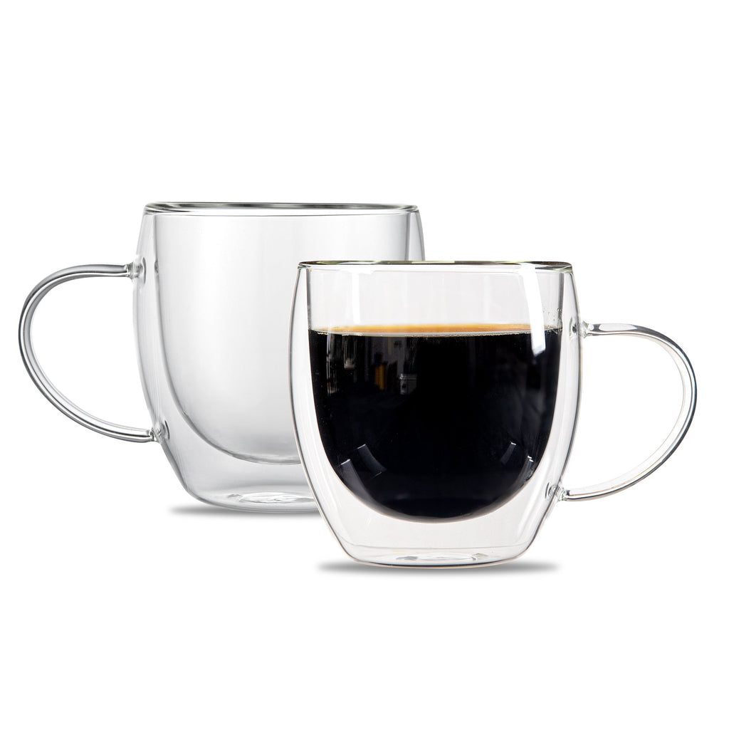 Forma Professional 8 oz Glass Coffee Cup - Double Wall, Borosilicate, with Handle - 3'' x 3'' x 3 1/2'' - 2 count box