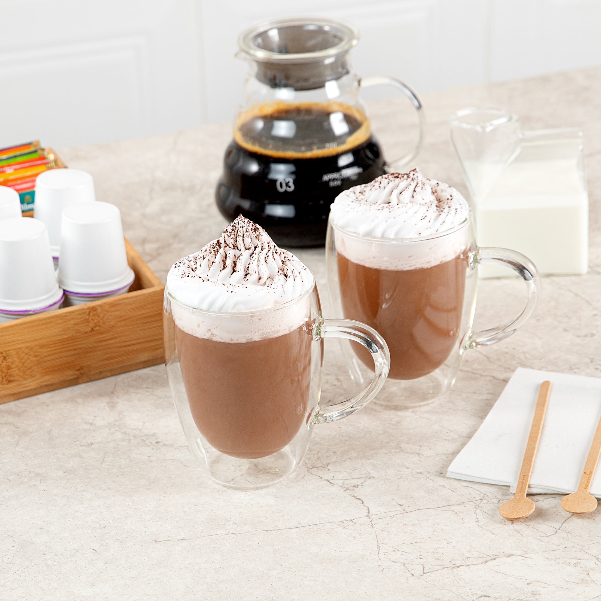 Forma Professional 12 oz Glass Coffee Cup - Double Wall, Borosilicate, with Handle - 3'' x 3'' x 4 1/2'' - 2 count box