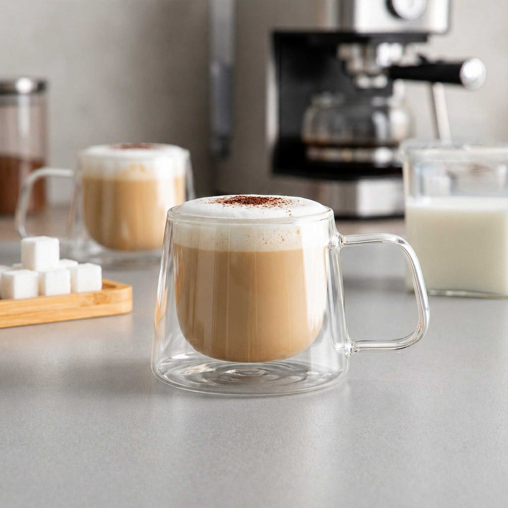 Forma Professional 7 oz Glass Coffee Mug - Double Wall, Borosilicate, with Handle - 3" x 3" x 2 3/4" - 2 count box