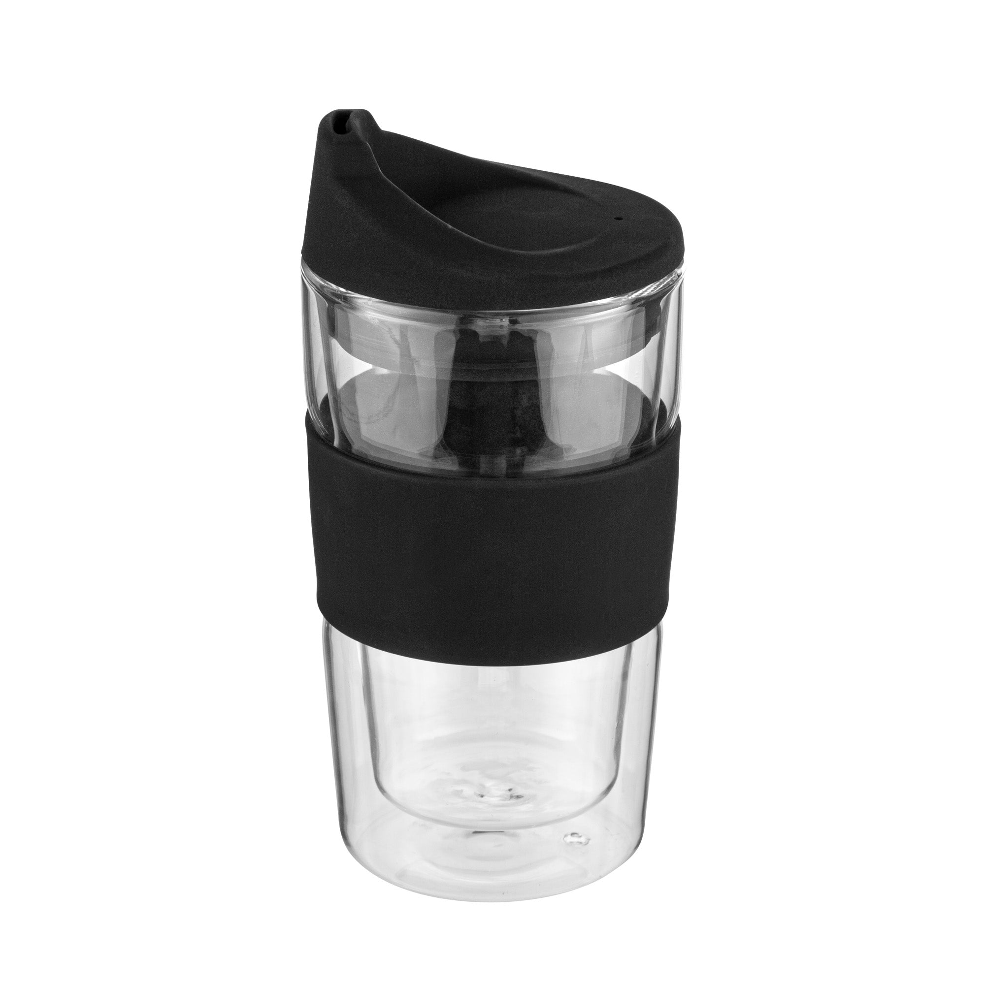 Forma Professional 12 oz Glass Travel Mug - Double Wall, Borosilicate, with Black Lid and Sleeve - 1 count box