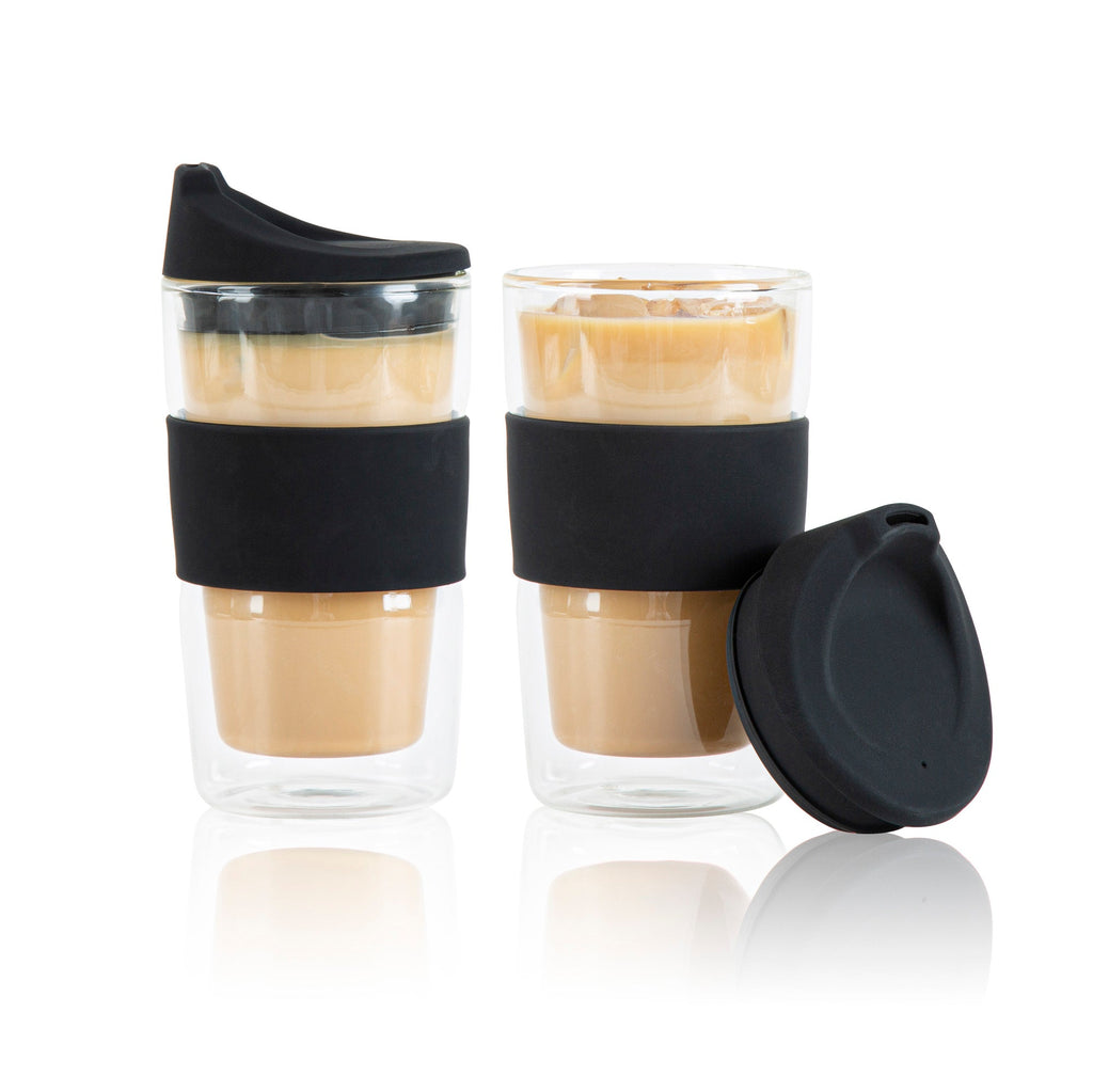 Forma Professional 12 oz Glass Travel Mug - Double Wall, Borosilicate, with Black Lid and Sleeve - 1 count box