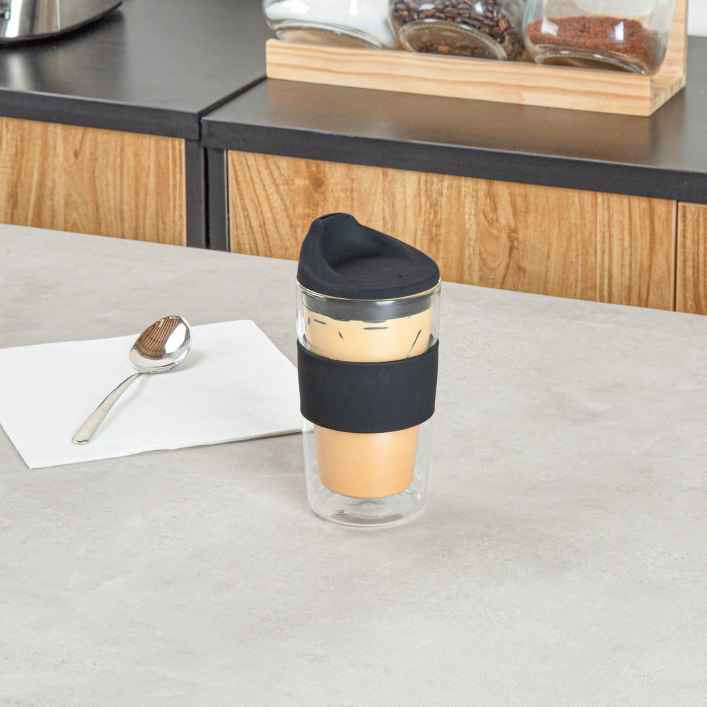 Forma Professional 12 oz Glass Travel Mug - Double Wall, Borosilicate, with Black Lid and Sleeve - 1 count box