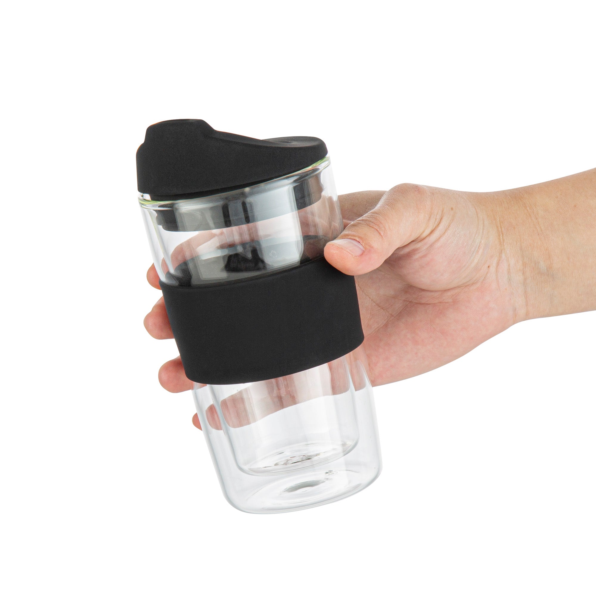 Forma Professional 12 oz Glass Travel Mug - Double Wall, Borosilicate, with Black Lid and Sleeve - 1 count box