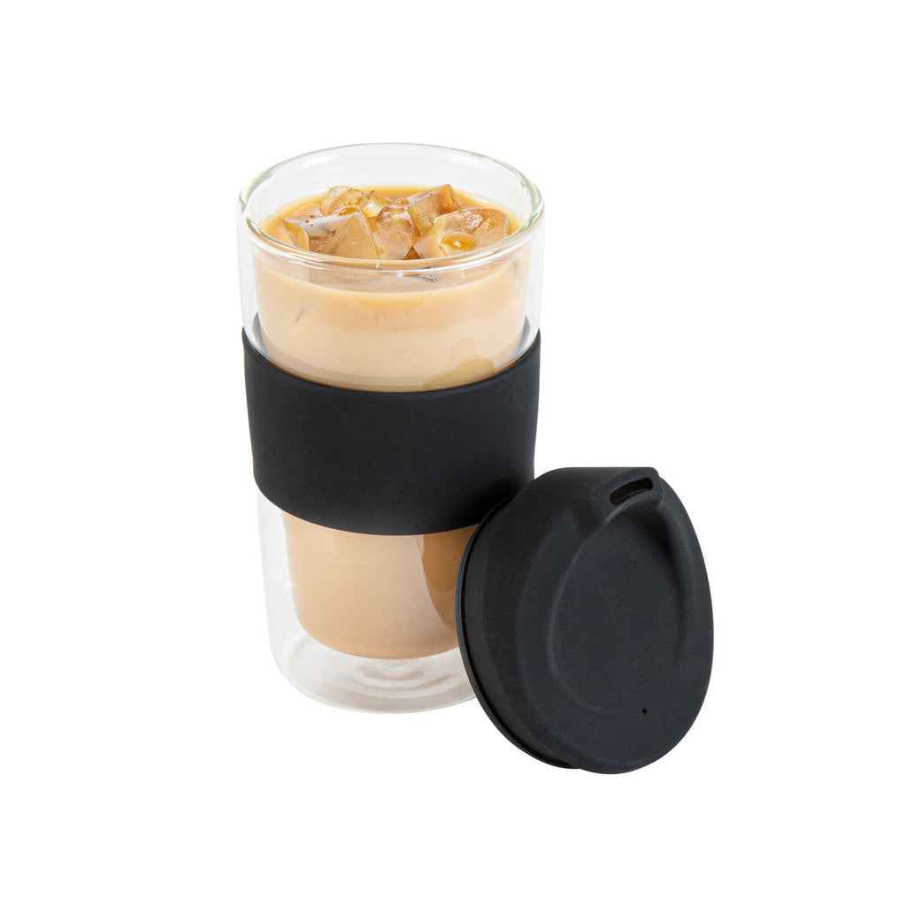 Forma Professional 12 oz Glass Travel Mug - Double Wall, Borosilicate, with Black Lid and Sleeve - 1 count box