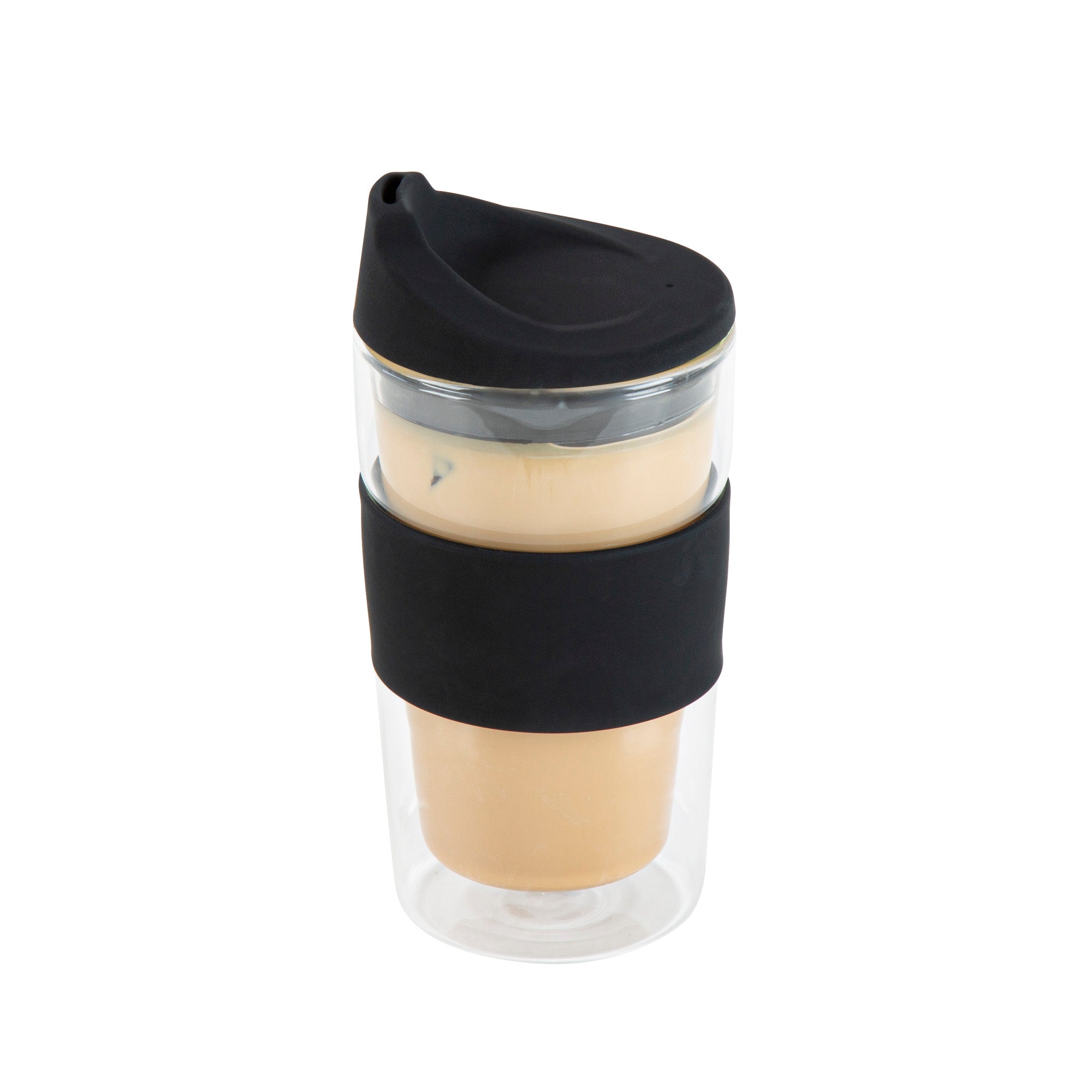 Forma Professional 12 oz Glass Travel Mug - Double Wall, Borosilicate, with Black Lid and Sleeve - 1 count box