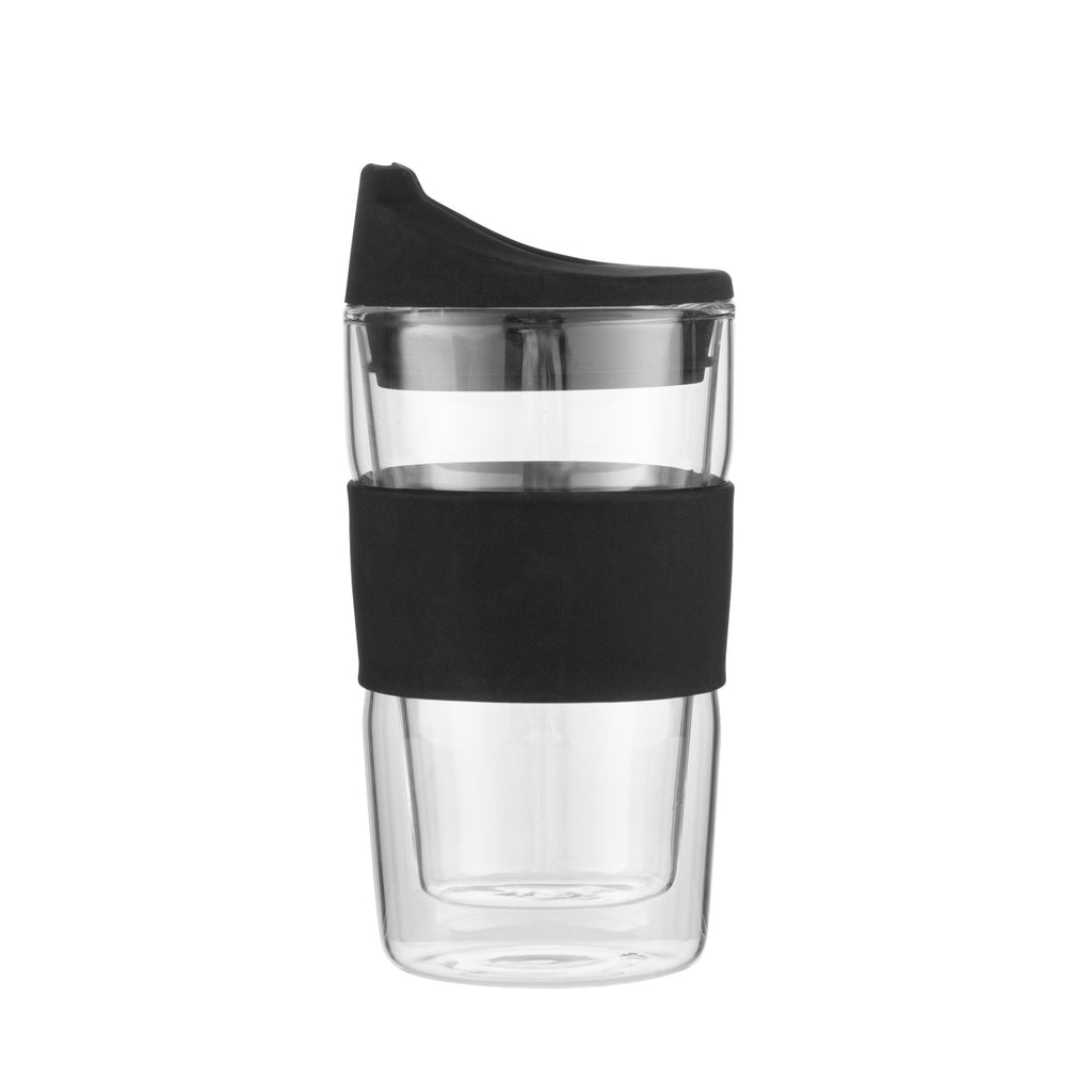Forma Professional 12 oz Glass Travel Mug - Double Wall, Borosilicate, with Black Lid and Sleeve - 1 count box