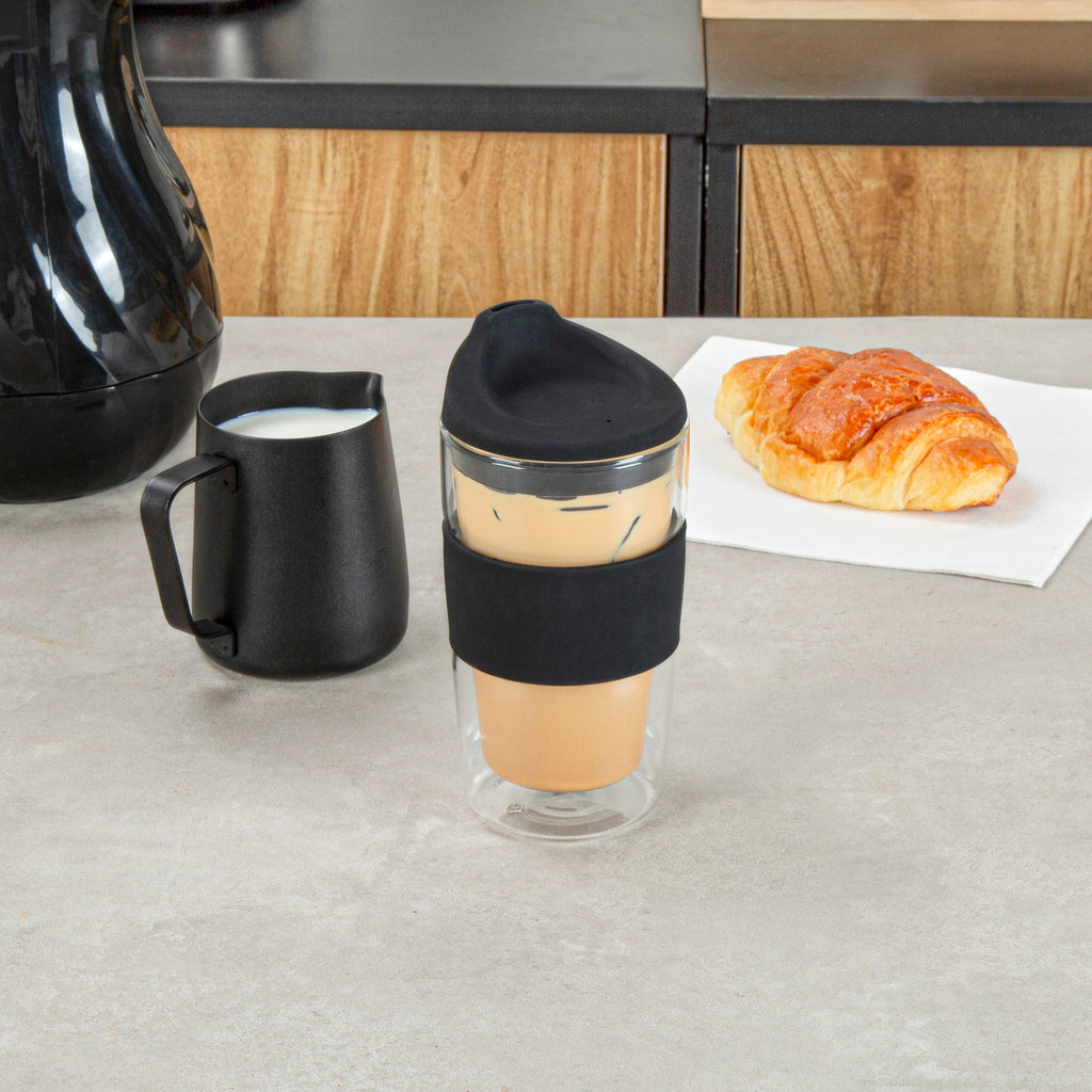 Forma Professional 12 oz Glass Travel Mug - Double Wall, Borosilicate, with Black Lid and Sleeve - 1 count box