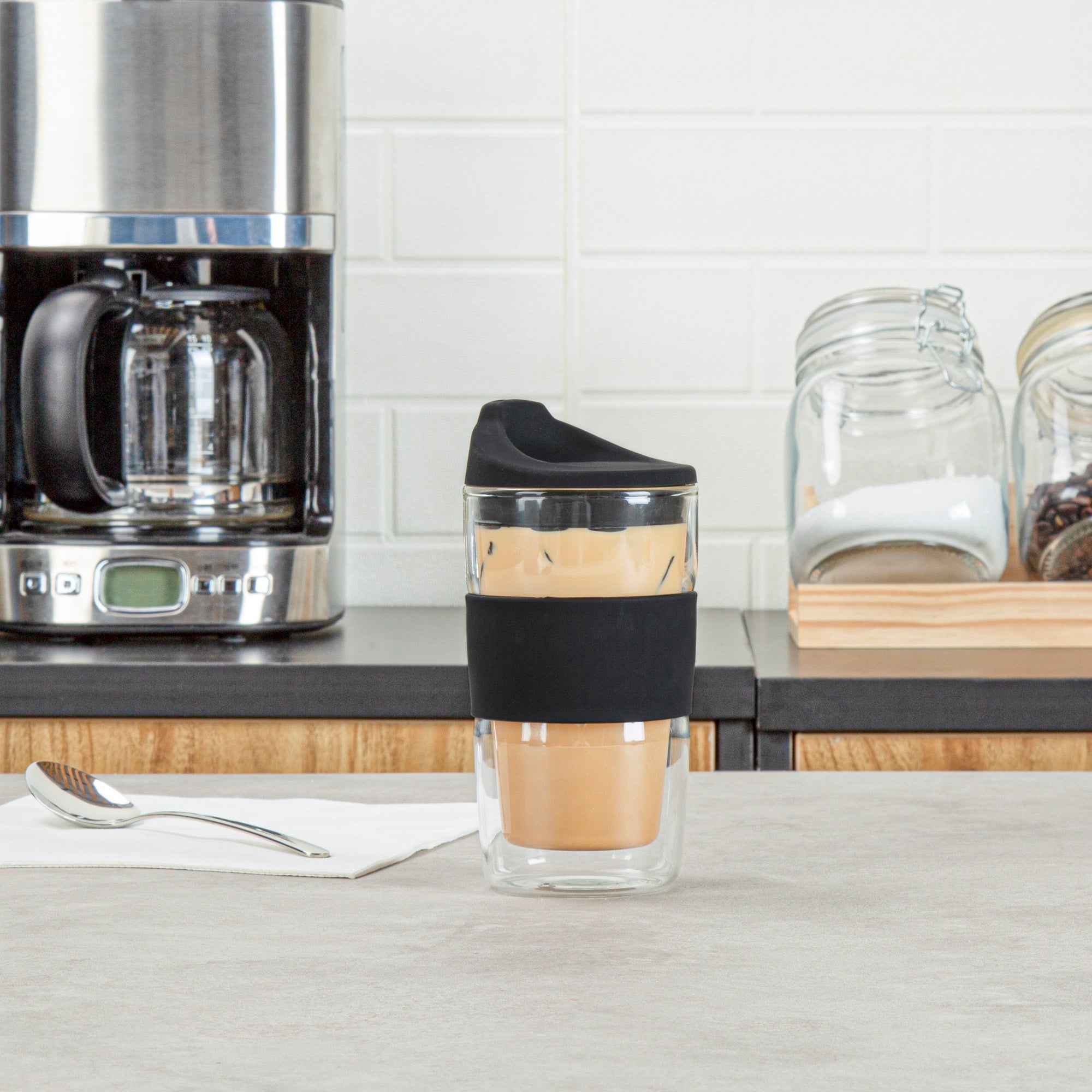 Forma Professional 12 oz Glass Travel Mug - Double Wall, Borosilicate, with Black Lid and Sleeve - 1 count box