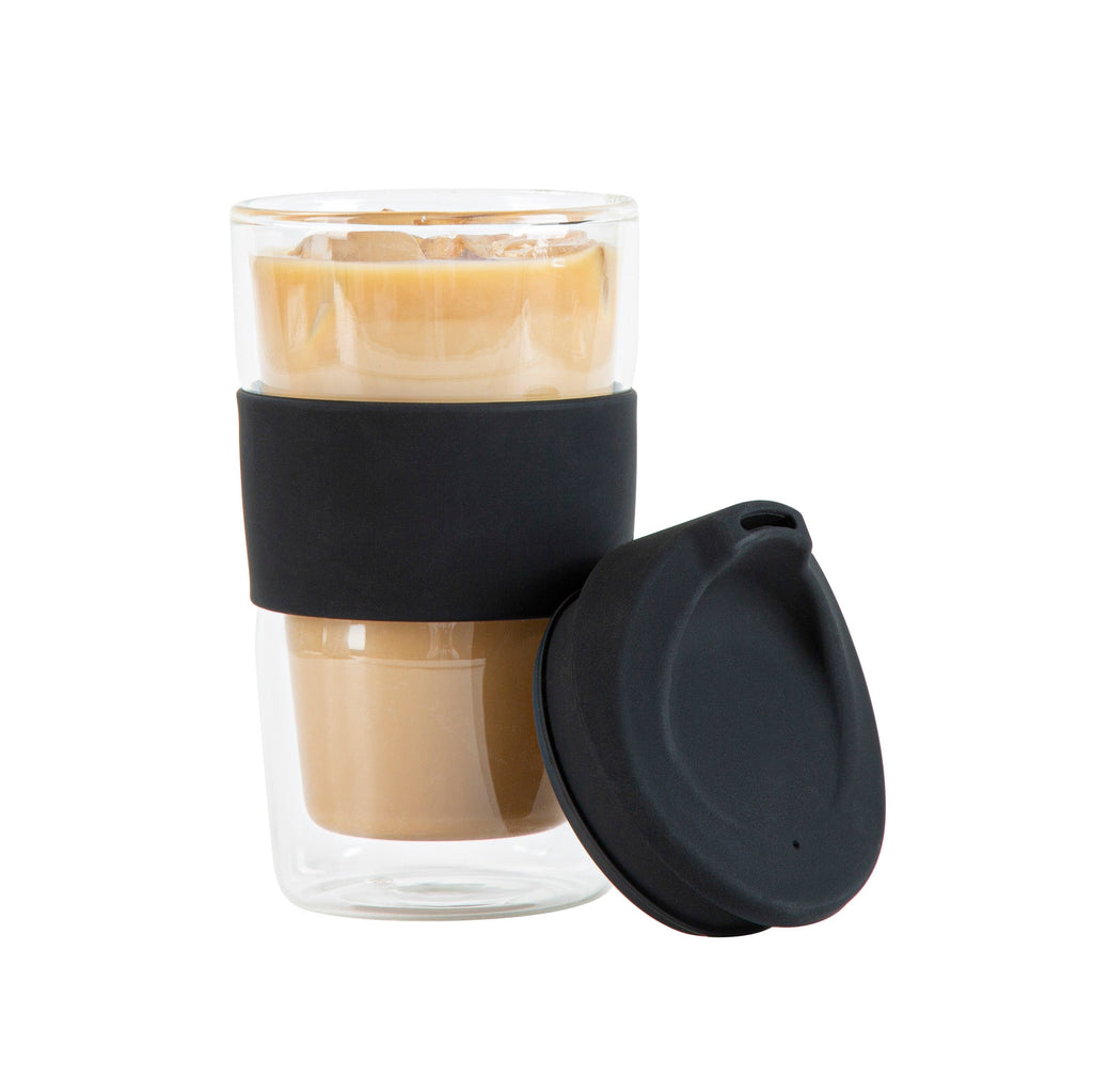 Forma Professional 12 oz Glass Travel Mug - Double Wall, Borosilicate, with Black Lid and Sleeve - 10 count box