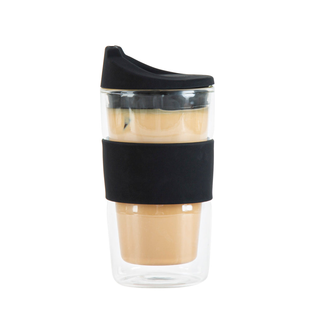Forma Professional 12 oz Glass Travel Mug - Double Wall, Borosilicate, with Black Lid and Sleeve - 10 count box