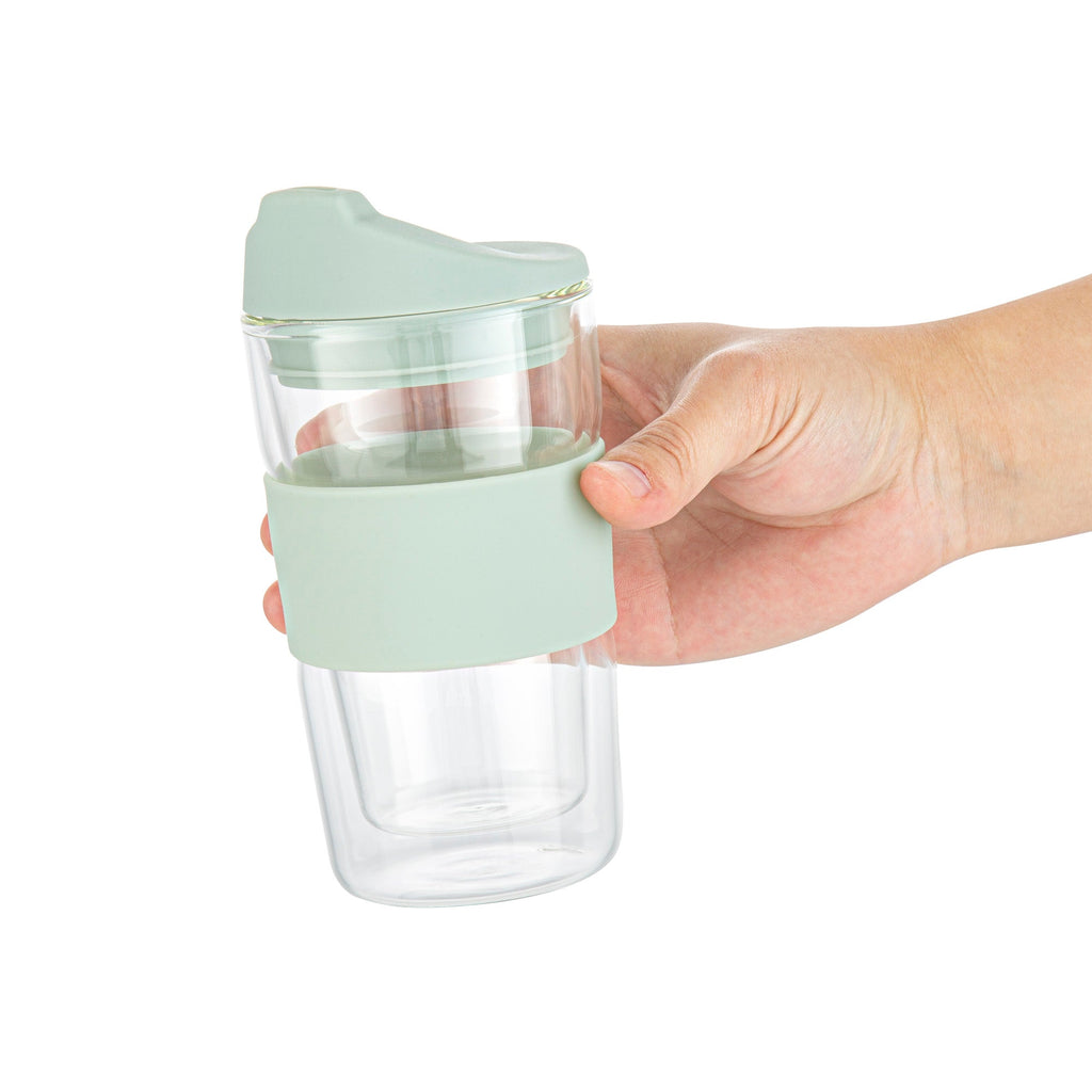 Forma Professional 12 oz Glass Travel Mug - Double Wall, Borosilicate, with Mint Green Lid and Sleeve - 1 count box
