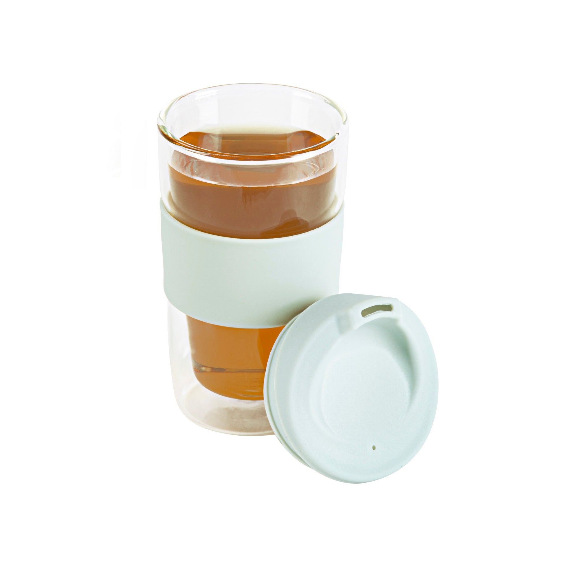 Forma Professional 12 oz Glass Travel Mug - Double Wall, Borosilicate, with Mint Green Lid and Sleeve - 10 count box