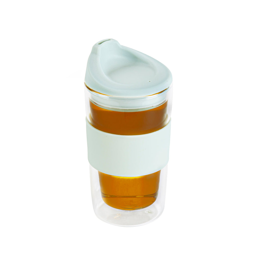 Forma Professional 12 oz Glass Travel Mug - Double Wall, Borosilicate, with Mint Green Lid and Sleeve - 10 count box