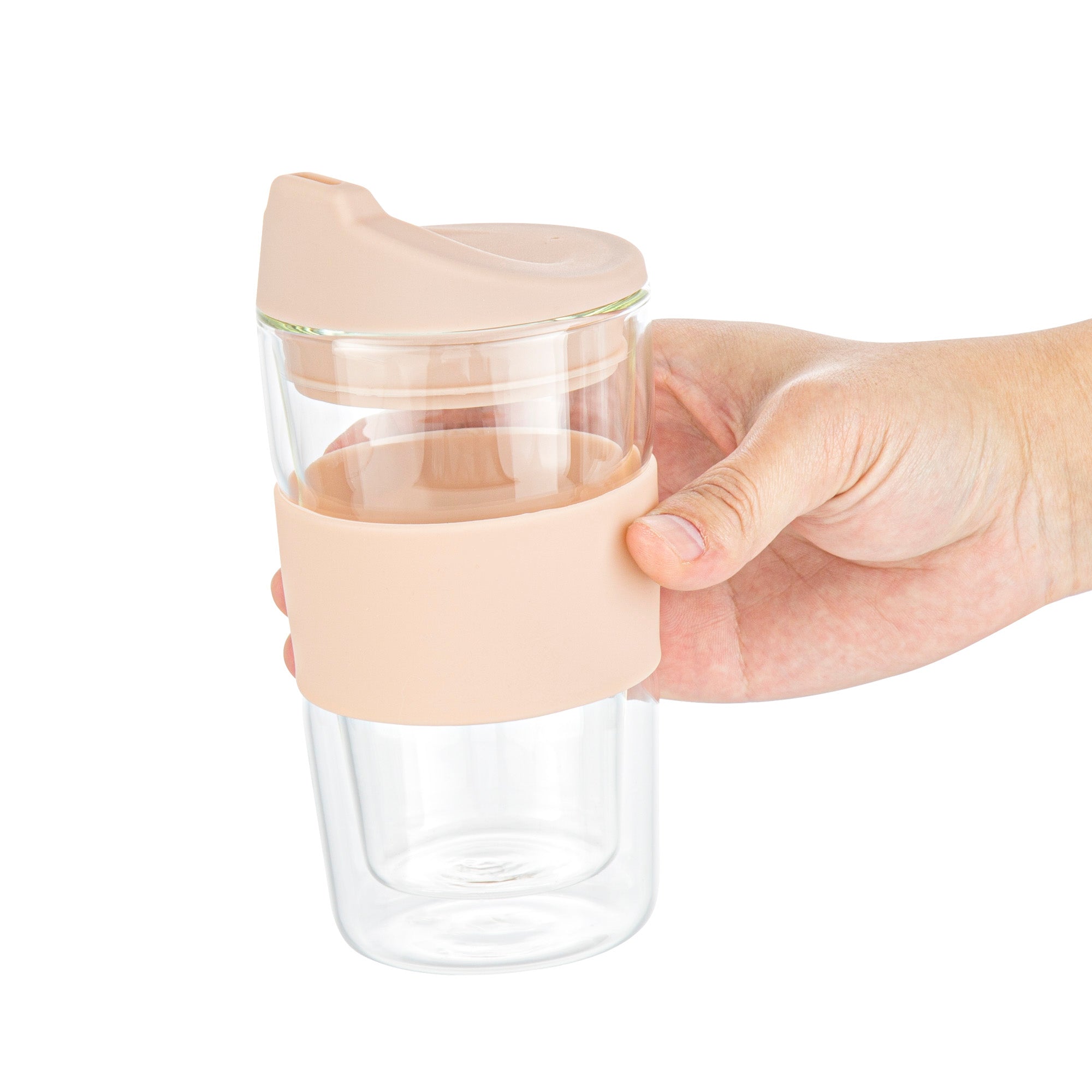 Forma Professional 12 oz Glass Travel Mug - Double Wall, Borosilicate, with Tan Lid and Sleeve - 10 count box