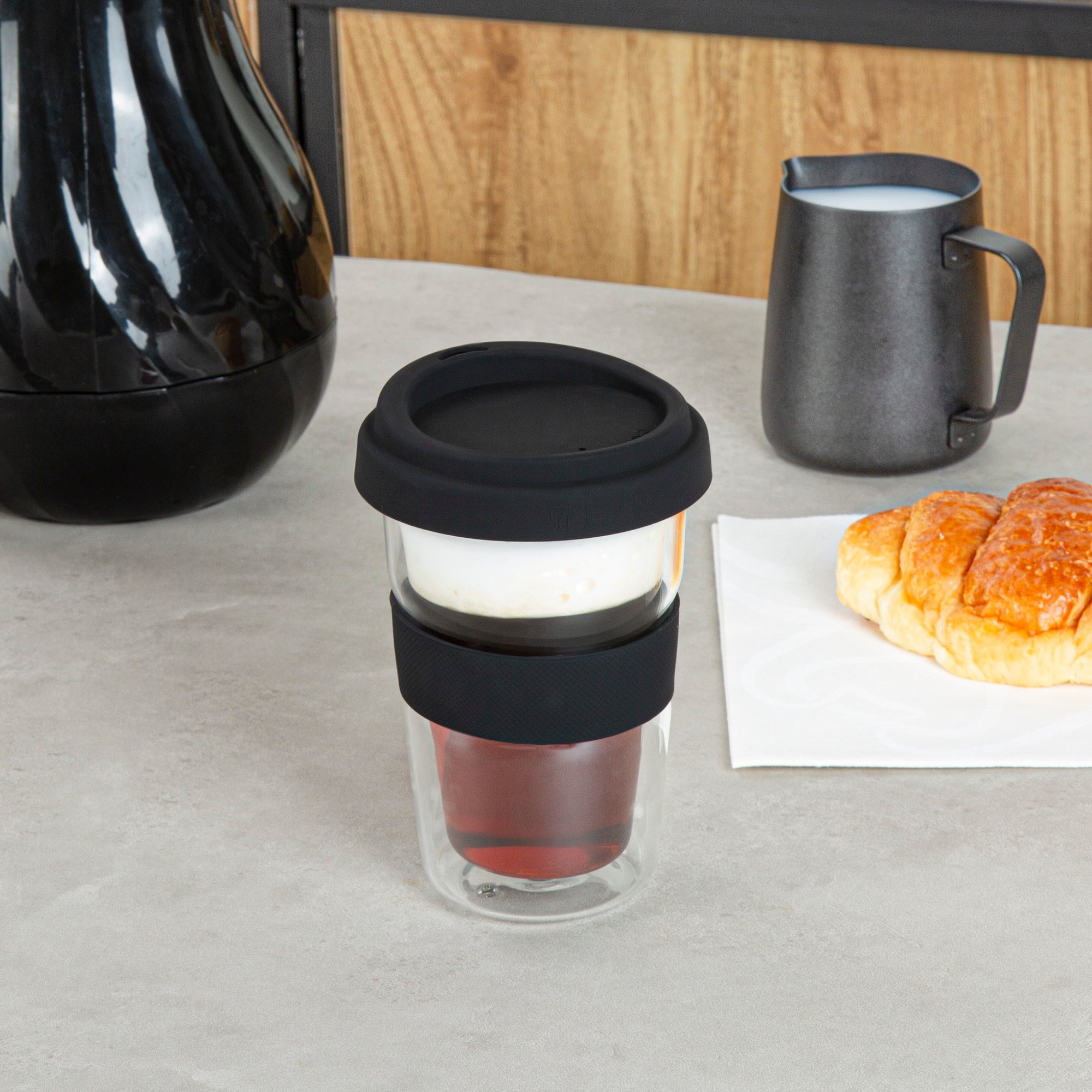 Forma Professional 14 oz Glass Travel Mug - Double Wall, Borosilicate, with Black Lid and Sleeve - 1 count box