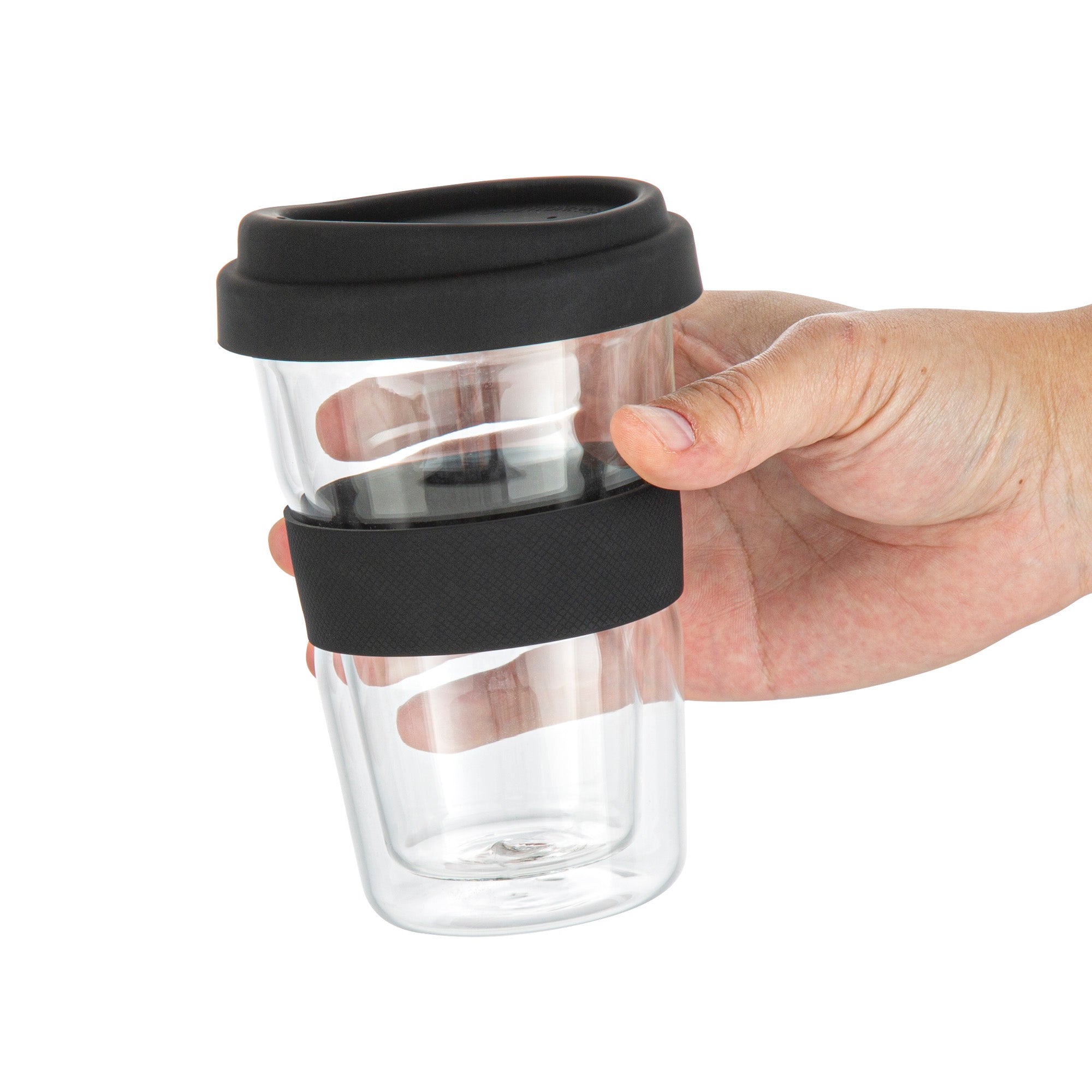 Forma Professional 14 oz Glass Travel Mug - Double Wall, Borosilicate, with Black Lid and Sleeve - 1 count box