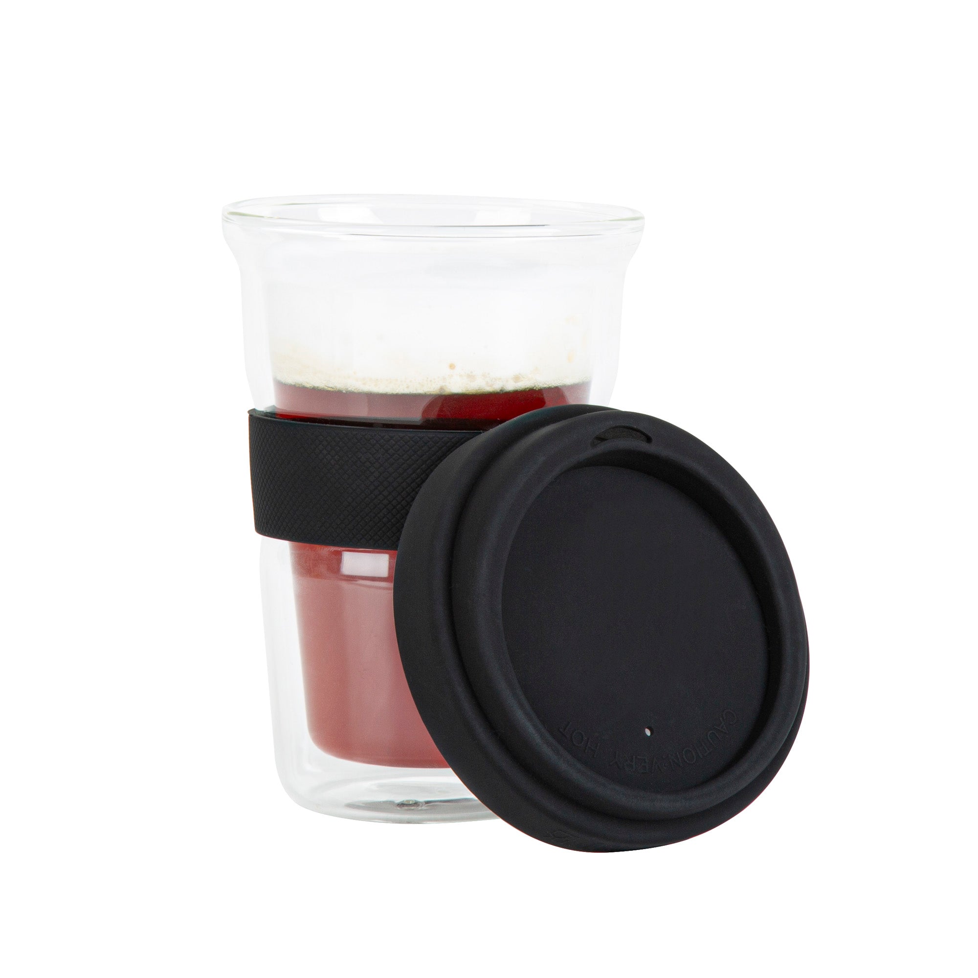 Forma Professional 14 oz Glass Travel Mug - Double Wall, Borosilicate, with Black Lid and Sleeve - 1 count box