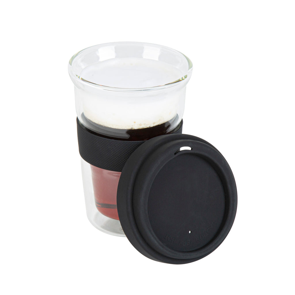 Forma Professional 14 oz Glass Travel Mug - Double Wall, Borosilicate, with Black Lid and Sleeve - 1 count box