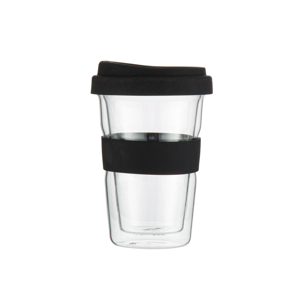 Forma Professional 14 oz Glass Travel Mug - Double Wall, Borosilicate, with Black Lid and Sleeve - 1 count box