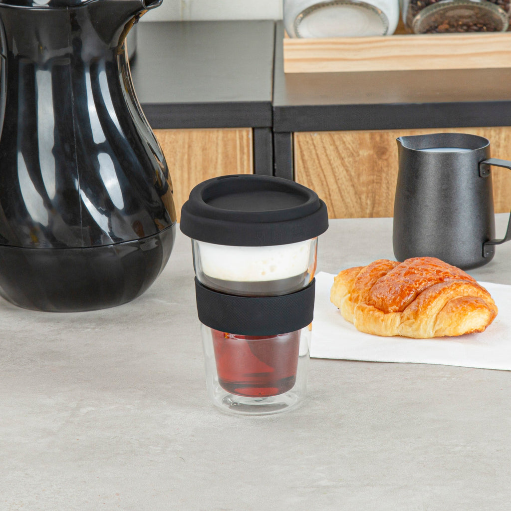 Forma Professional 14 oz Glass Travel Mug - Double Wall, Borosilicate, with Black Lid and Sleeve - 1 count box