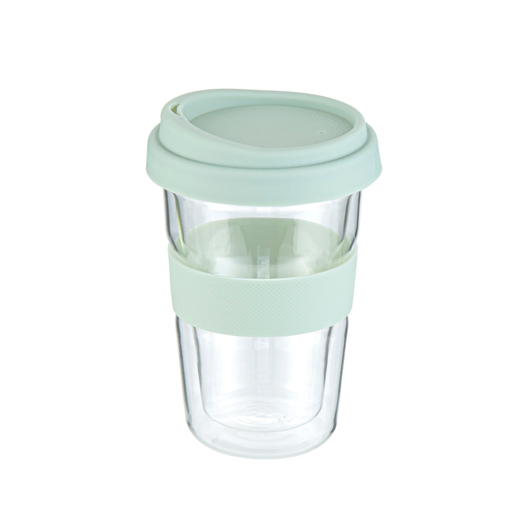 Forma Professional 14 oz Glass Travel Mug - Double Wall, Borosilicate, with Mint Green Lid and Sleeve - 10 count box