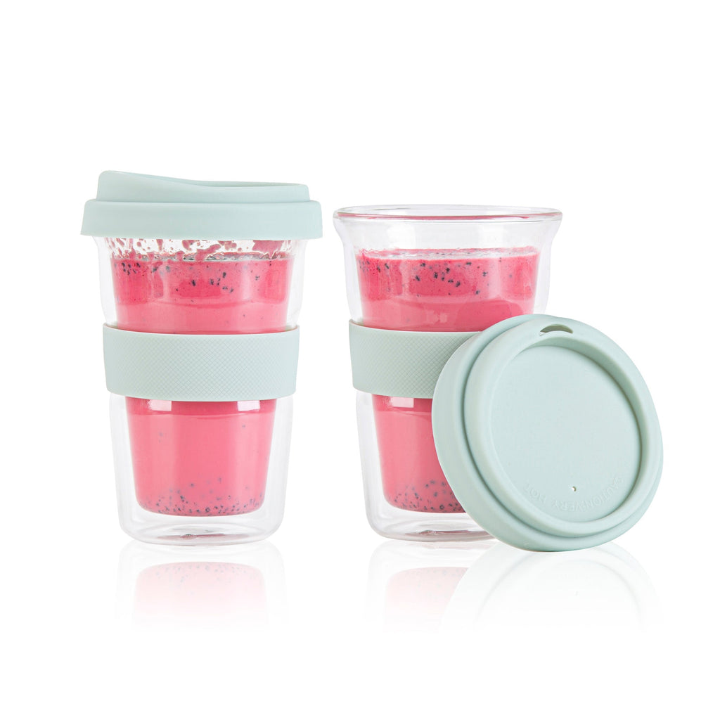 Forma Professional 14 oz Glass Travel Mug - Double Wall, Borosilicate, with Mint Green Lid and Sleeve - 10 count box