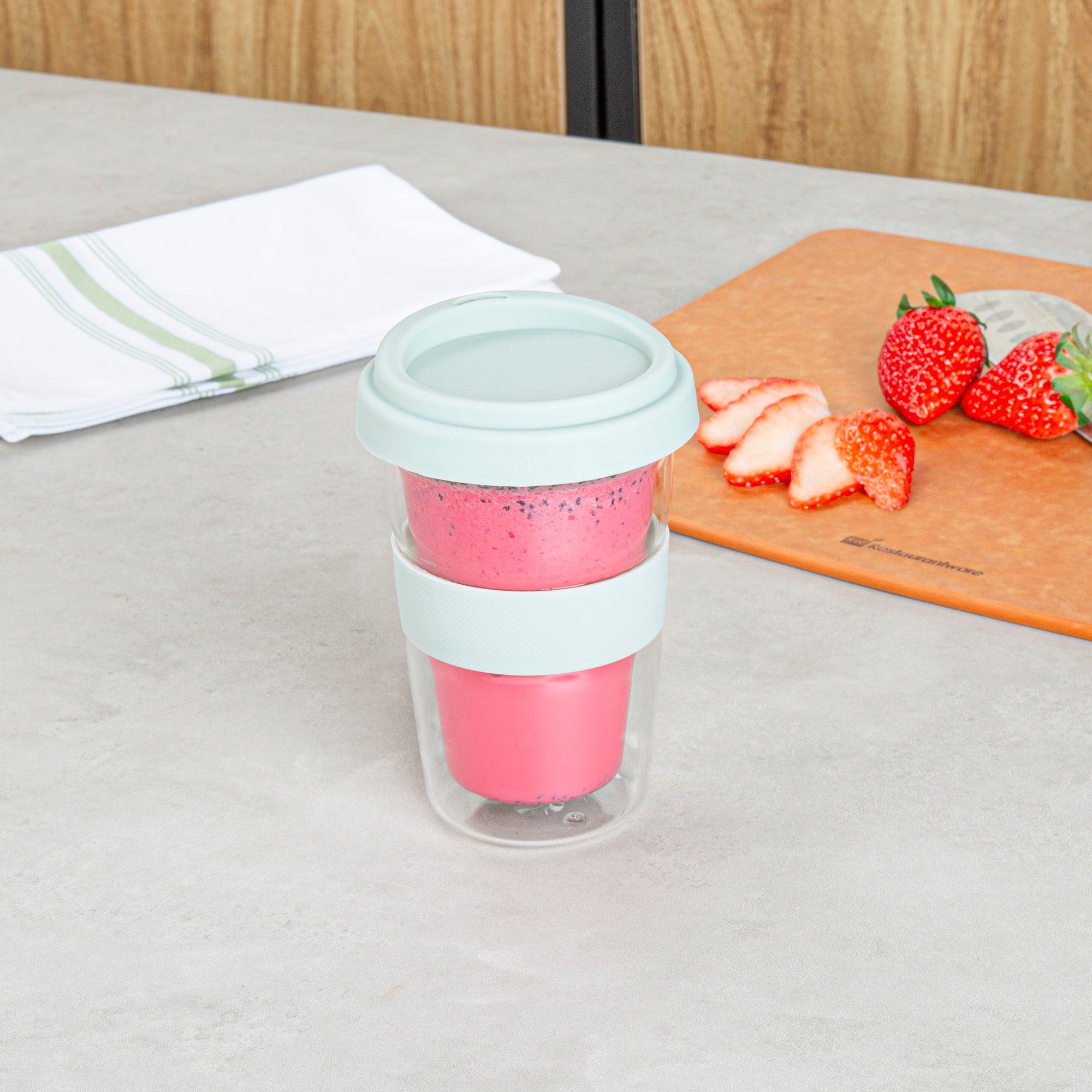 Forma Professional 14 oz Glass Travel Mug - Double Wall, Borosilicate, with Mint Green Lid and Sleeve - 10 count box