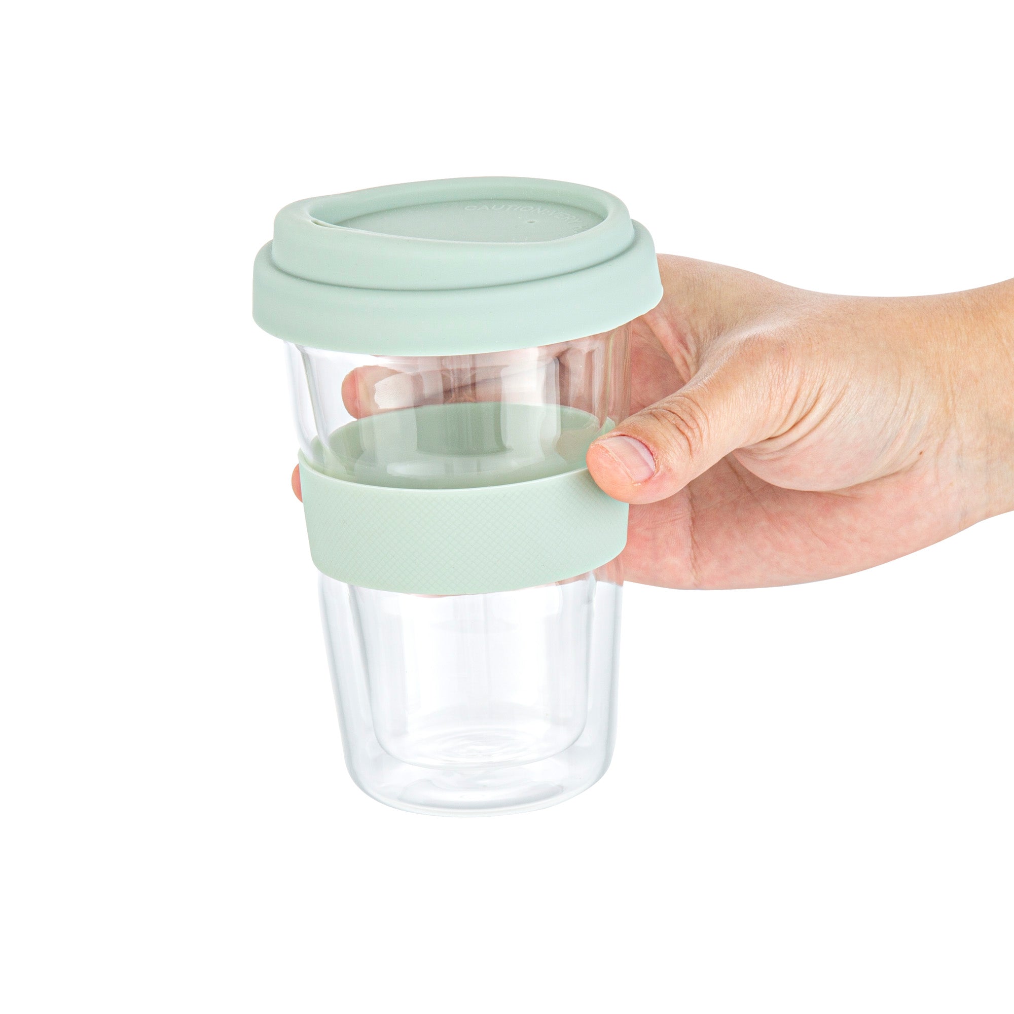 Forma Professional 14 oz Glass Travel Mug - Double Wall, Borosilicate, with Mint Green Lid and Sleeve - 10 count box