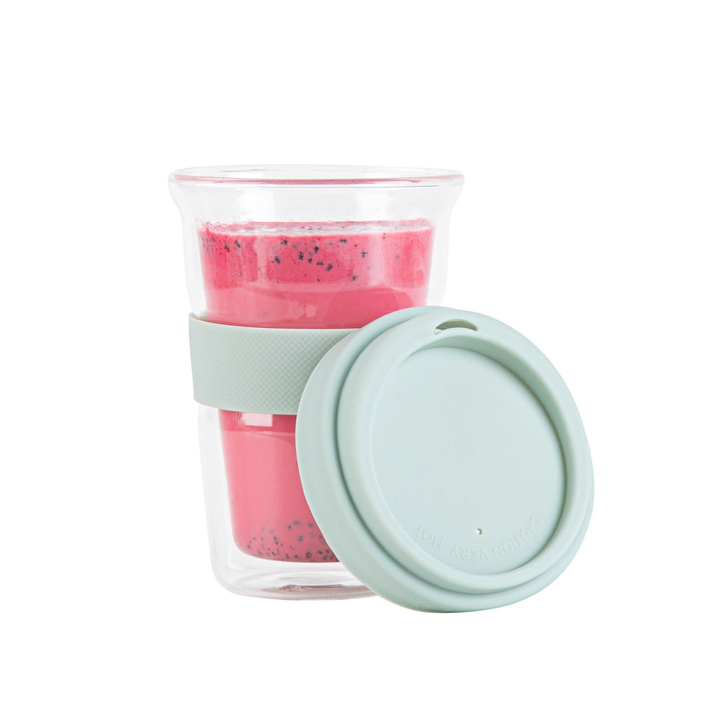 Forma Professional 14 oz Glass Travel Mug - Double Wall, Borosilicate, with Mint Green Lid and Sleeve - 10 count box