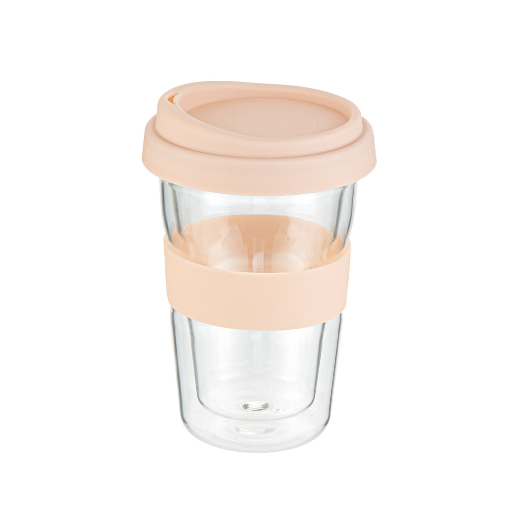 Forma Professional 14 oz Glass Travel Mug - Double Wall, Borosilicate, with Tan Lid and Sleeve - 1 count box