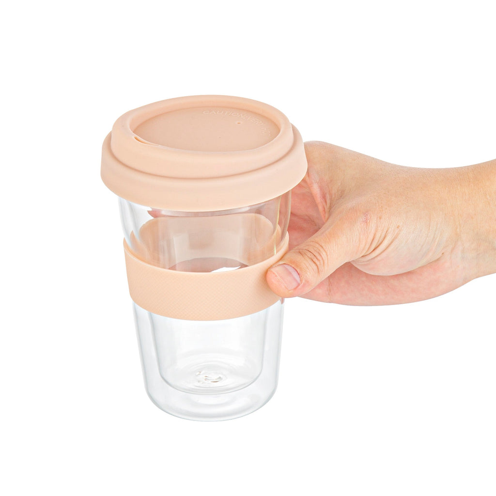 Forma Professional 14 oz Glass Travel Mug - Double Wall, Borosilicate, with Tan Lid and Sleeve - 1 count box