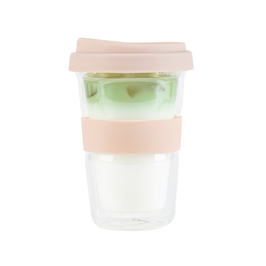 Forma Professional 14 oz Glass Travel Mug - Double Wall, Borosilicate, with Tan Lid and Sleeve - 1 count box