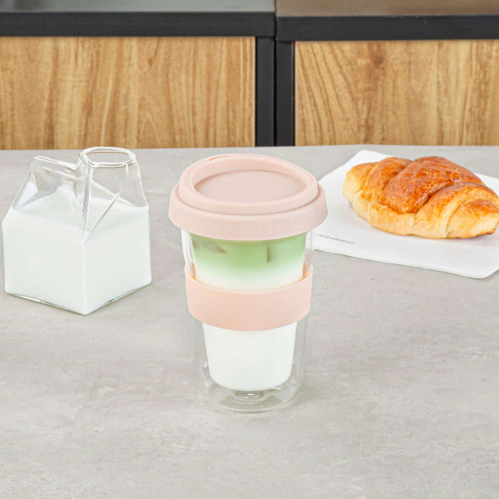 Forma Professional 14 oz Glass Travel Mug - Double Wall, Borosilicate, with Tan Lid and Sleeve - 1 count box