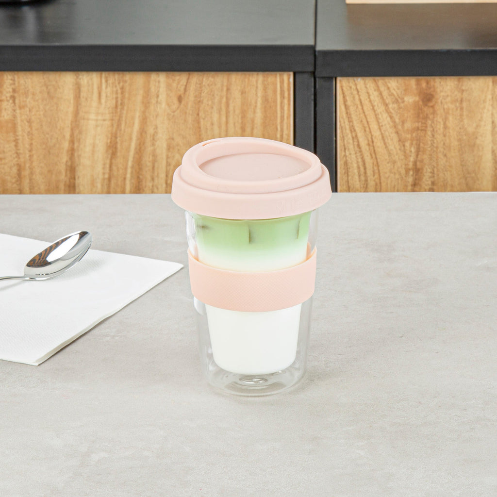 Forma Professional 14 oz Glass Travel Mug - Double Wall, Borosilicate, with Tan Lid and Sleeve - 10 count box
