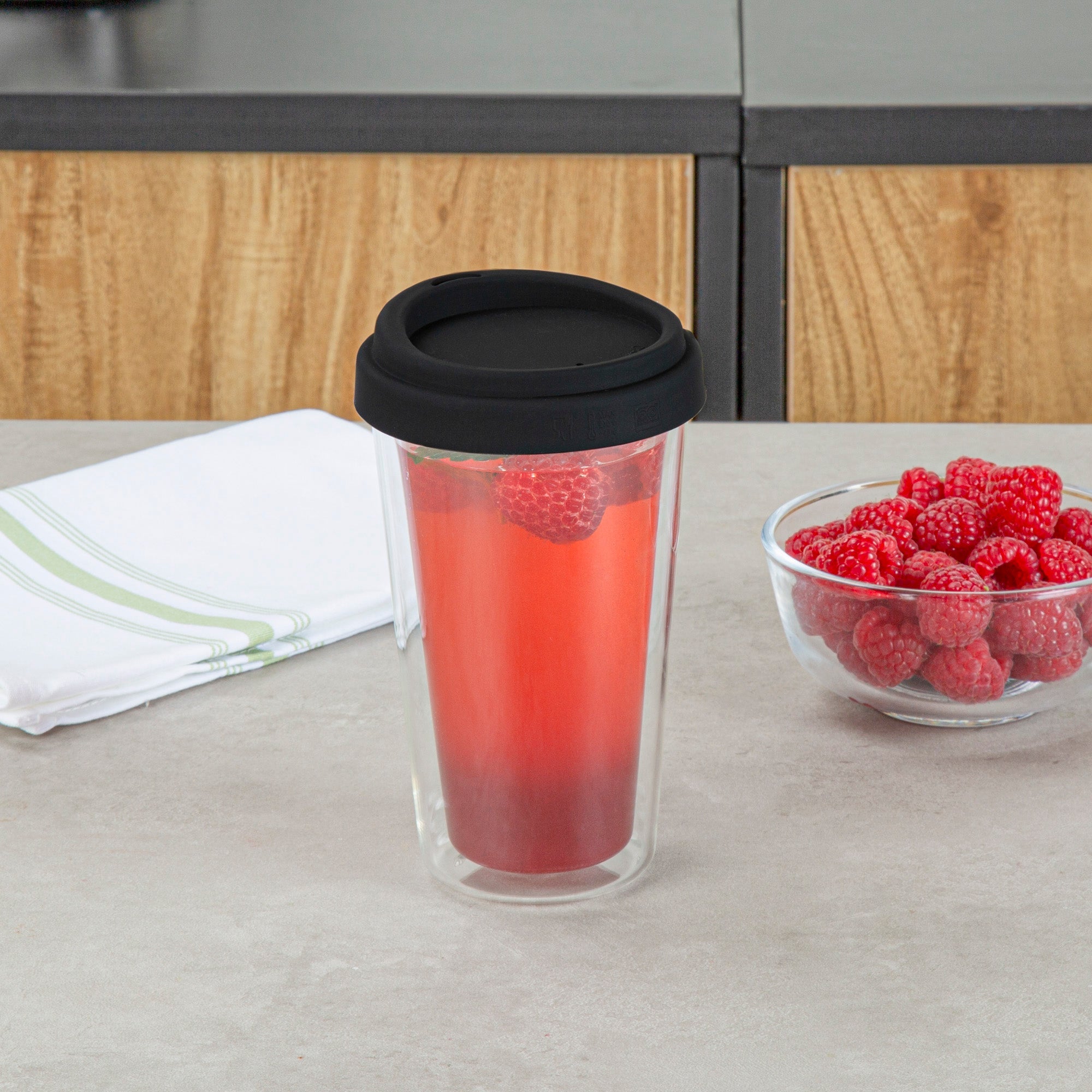 Forma Professional 14 oz Glass Travel Mug - Double Wall, Borosilicate, with Black Lid - 1 count box