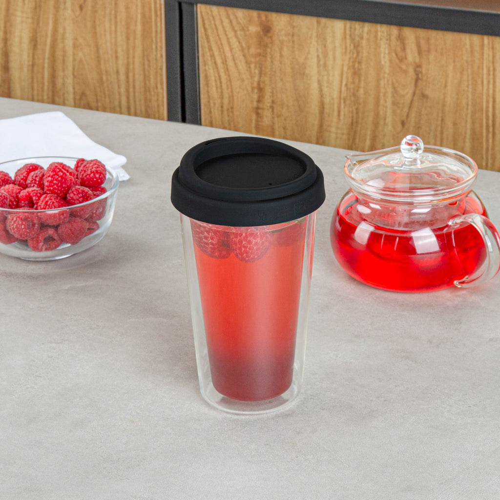 Forma Professional 14 oz Glass Travel Mug - Double Wall, Borosilicate, with Black Lid - 1 count box