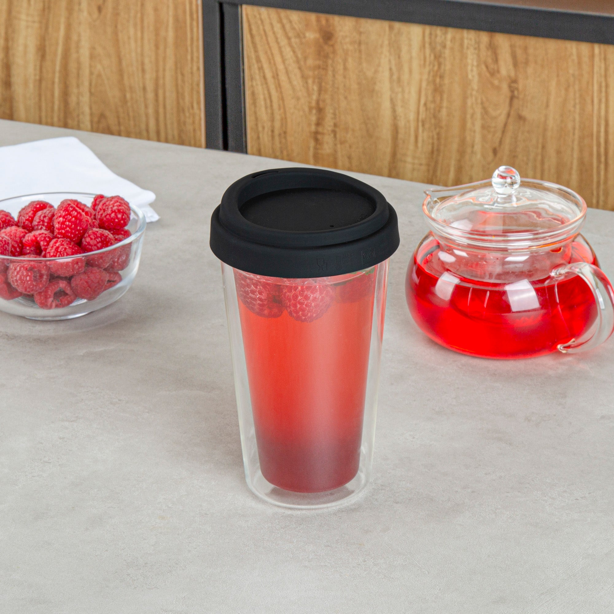 Forma Professional 14 oz Glass Travel Mug - Double Wall, Borosilicate, with Black Lid - 1 count box