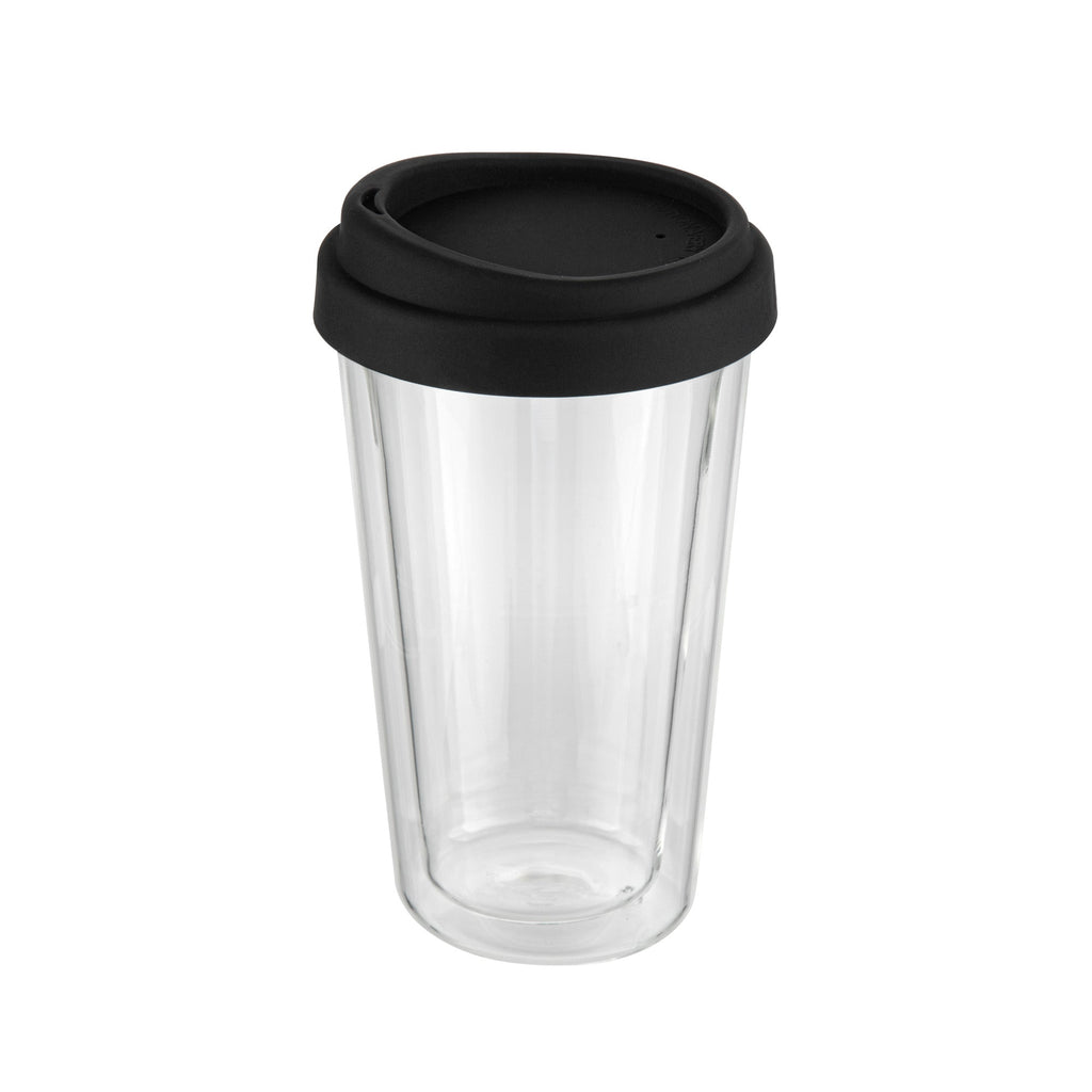 Forma Professional 14 oz Glass Travel Mug - Double Wall, Borosilicate, with Black Lid - 10 count box
