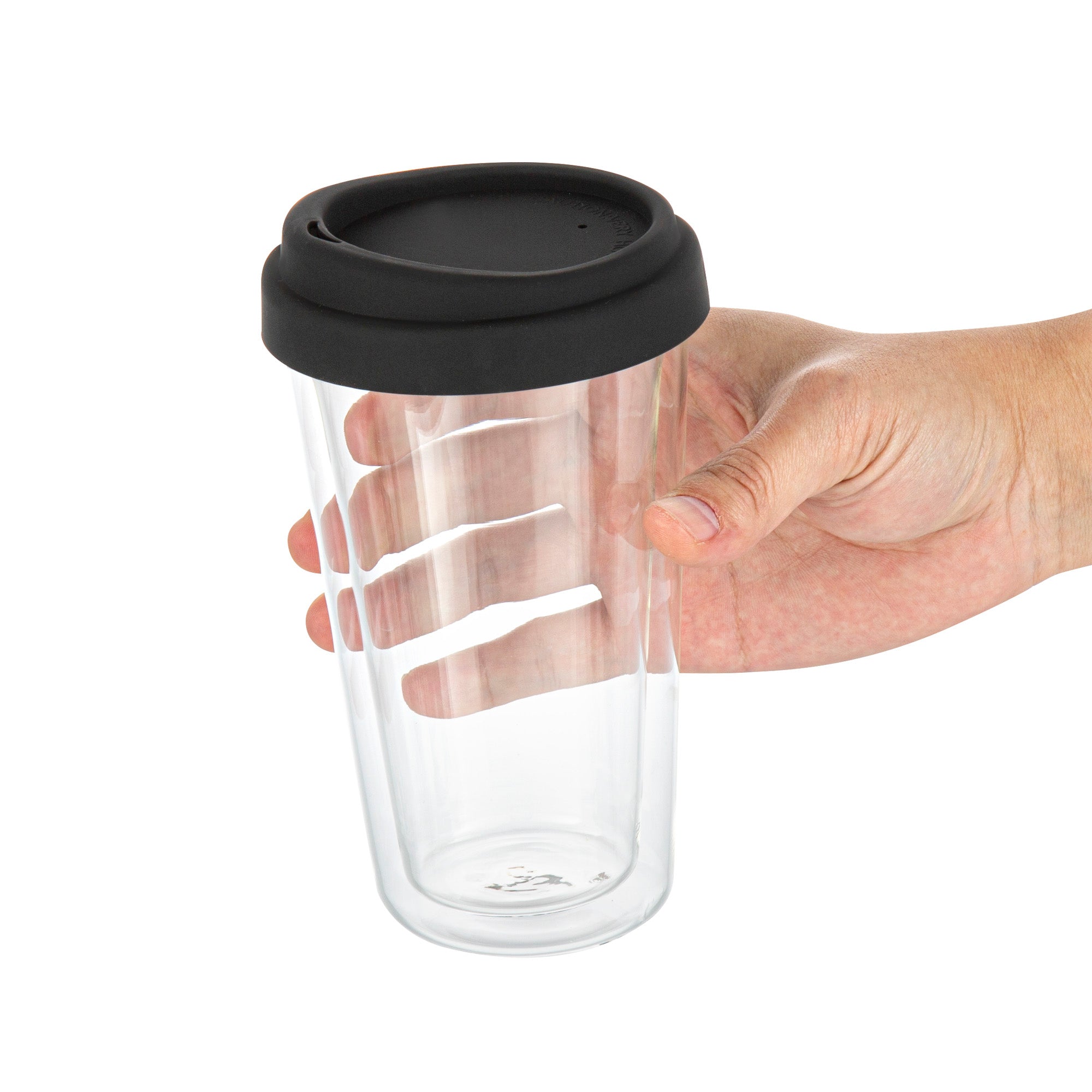 Forma Professional 14 oz Glass Travel Mug - Double Wall, Borosilicate, with Black Lid - 10 count box