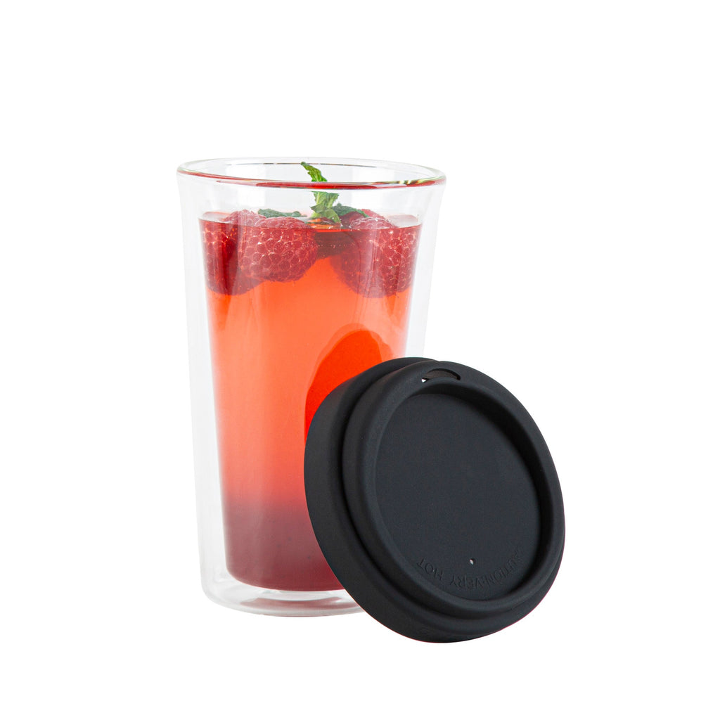 Forma Professional 14 oz Glass Travel Mug - Double Wall, Borosilicate, with Black Lid - 10 count box