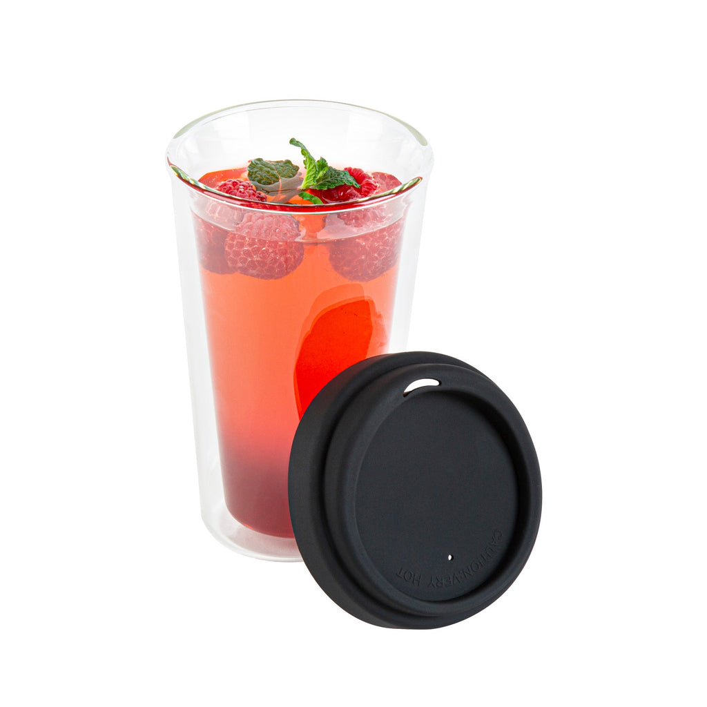 Forma Professional 14 oz Glass Travel Mug - Double Wall, Borosilicate, with Black Lid - 10 count box