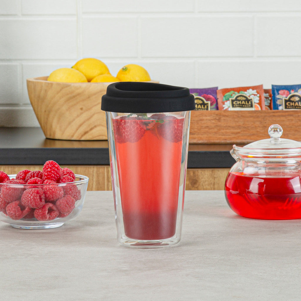 Forma Professional 14 oz Glass Travel Mug - Double Wall, Borosilicate, with Black Lid - 10 count box