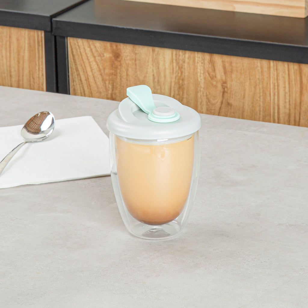 Forma Professional 12 oz Glass Travel Mug - Double Wall, Borosilicate, with Gray and Green Lid - 1 count box