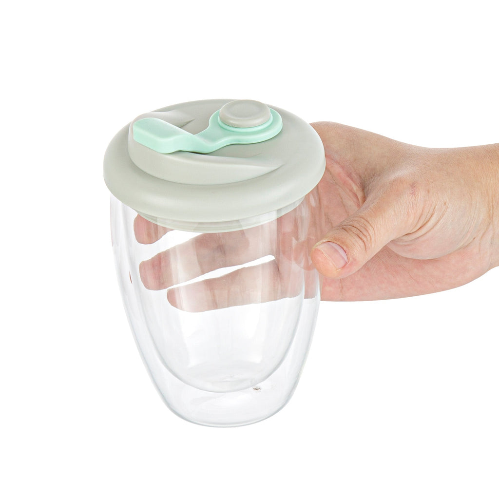 Forma Professional 12 oz Glass Travel Mug - Double Wall, Borosilicate, with Gray and Green Lid - 1 count box