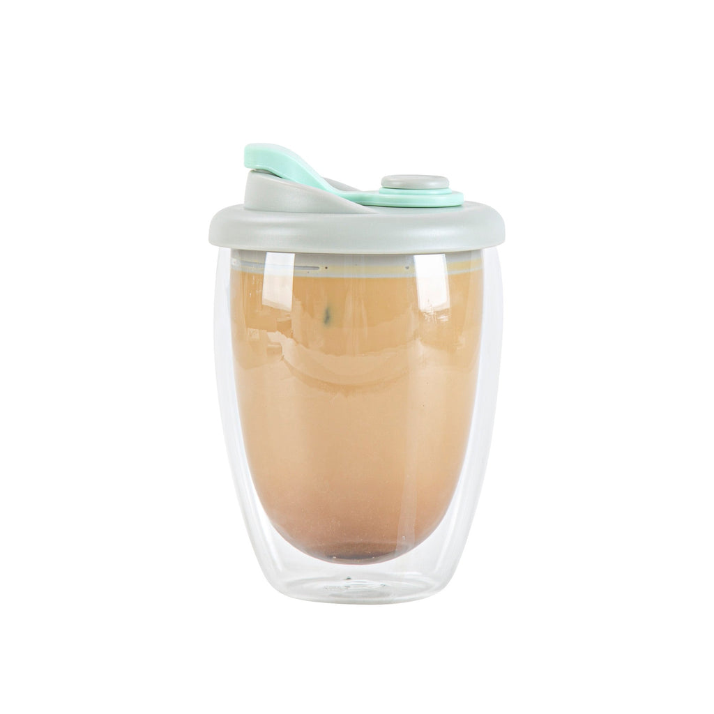 Forma Professional 12 oz Glass Travel Mug - Double Wall, Borosilicate, with Gray and Green Lid - 1 count box