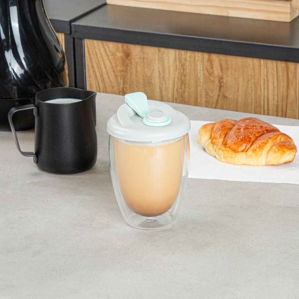 Forma Professional 12 oz Glass Travel Mug - Double Wall, Borosilicate, with Gray and Green Lid - 1 count box
