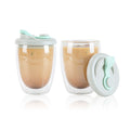 Forma Professional 12 oz Glass Travel Mug - Double Wall, Borosilicate, with Gray and Green Lid - 10 count box
