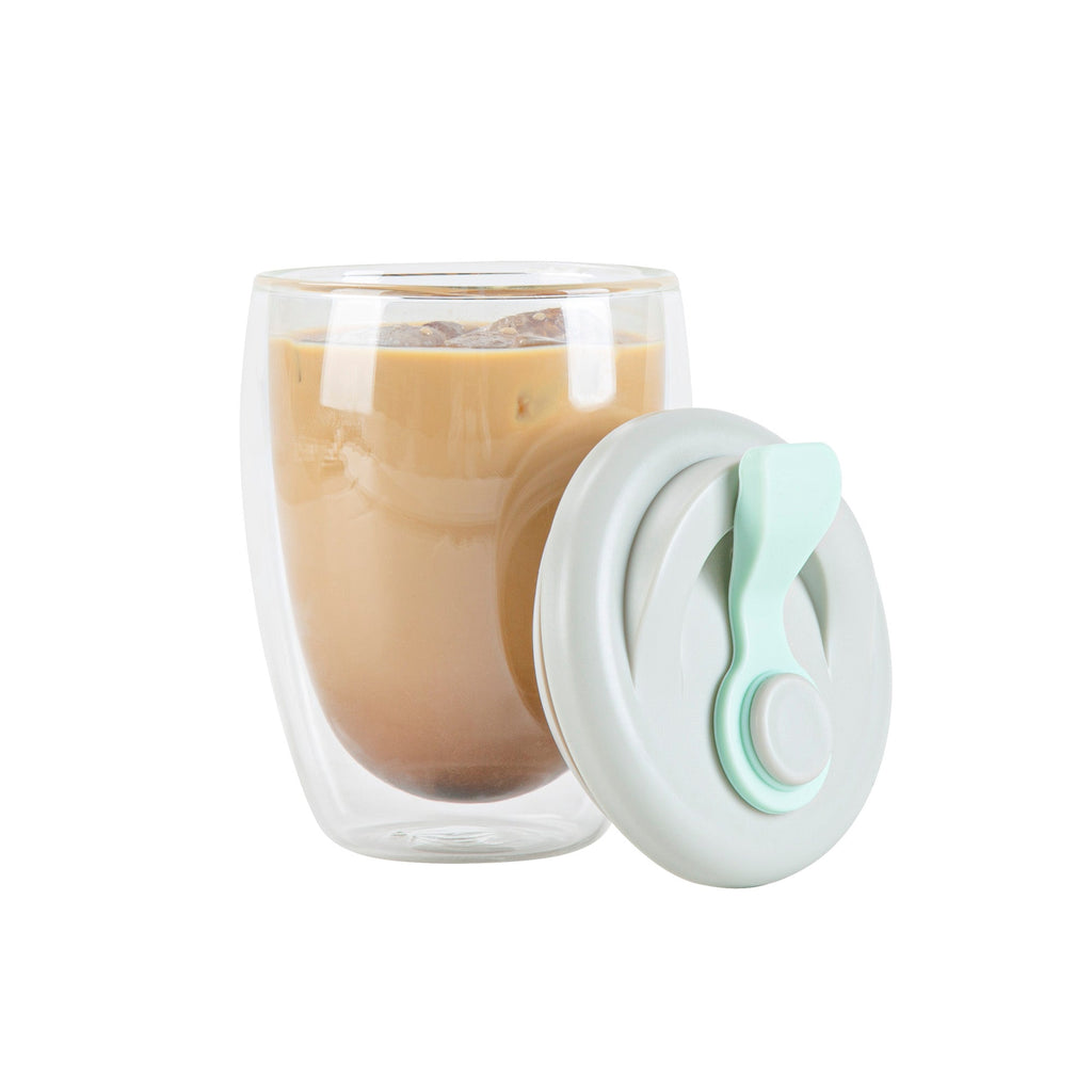 Forma Professional 12 oz Glass Travel Mug - Double Wall, Borosilicate, with Gray and Green Lid - 10 count box